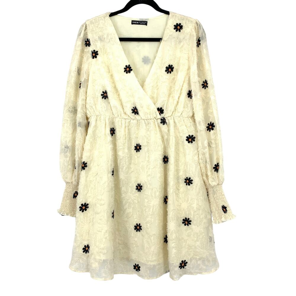 Shein A-Line Long Sleeve Dress Womens Size Large Cream Floral Print Textured